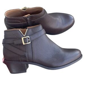Vionic Dark Brown Leather Ankle Booties with Gold Buckle